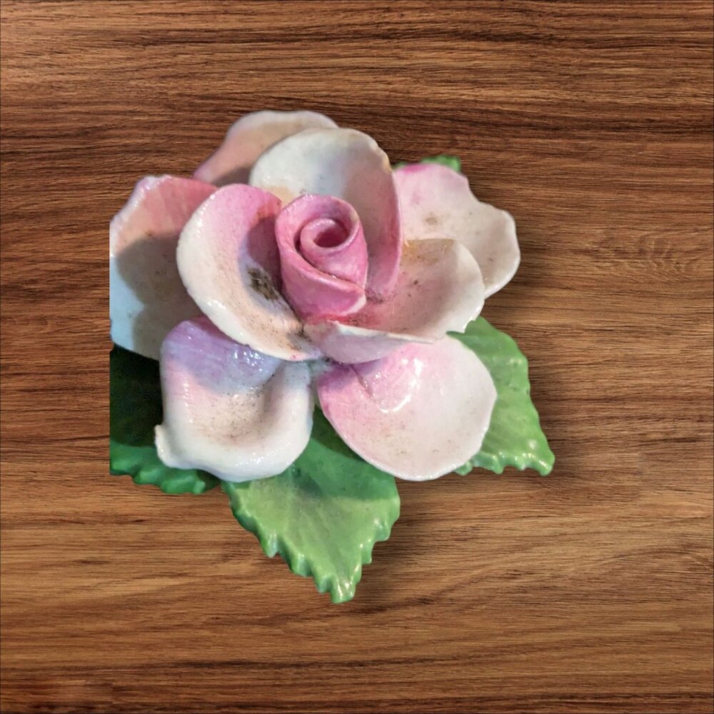 Hand-Painted Porcelain Rose Pin Brooch‎ Pink Green Floral Design Made in England